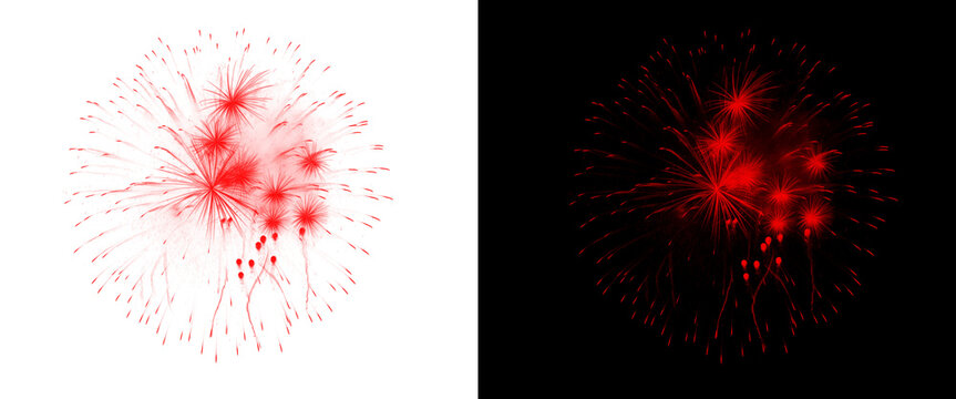 Red fireworks explosion set on black and white backgrounds, vibrant firework bursts for celebration design, festive pyrotechnics display for holiday events