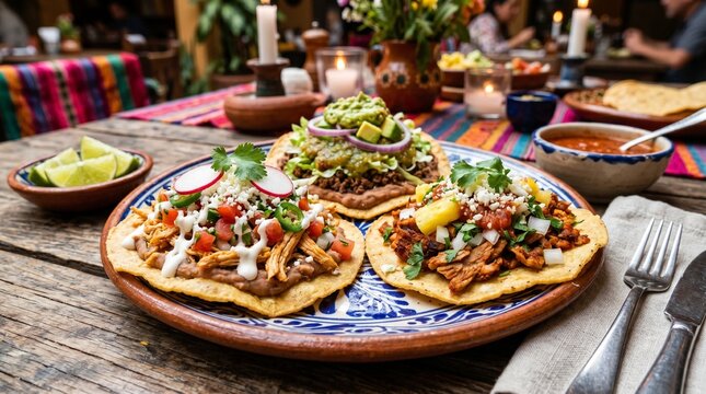 Delicious Mexican tostadas with various toppings served on a rustic table
