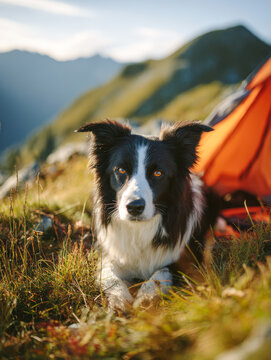 Border collie dog resting on grass near an orange camping tent in a mountain landscape with soft sunlight during outdoor adventure trip