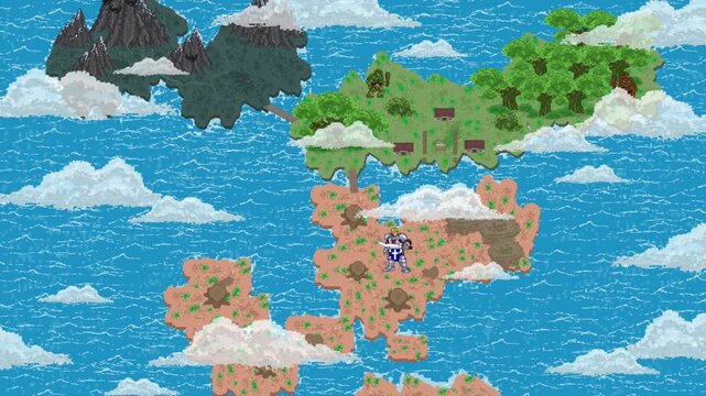 Pixel art animation of a medieval fast travel map with characters on it on the sea with clouds, art, vintage, pixel.