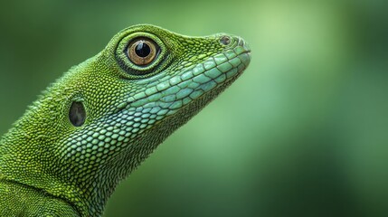 Fototapeta premium Detailed profile of a vibrant green lizard showing the intricate textures and patterns of its scales against a softly blurred natural background