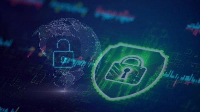 Glowing green security shield with a padlock next to a digital earth globe over a dark background with data lines. Global cyber security.