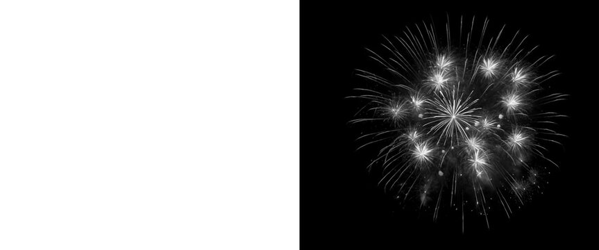 Monochrome fireworks explosion on black background, white firework burst isolated on dark sky, festive pyrotechnic display for celebration overlay