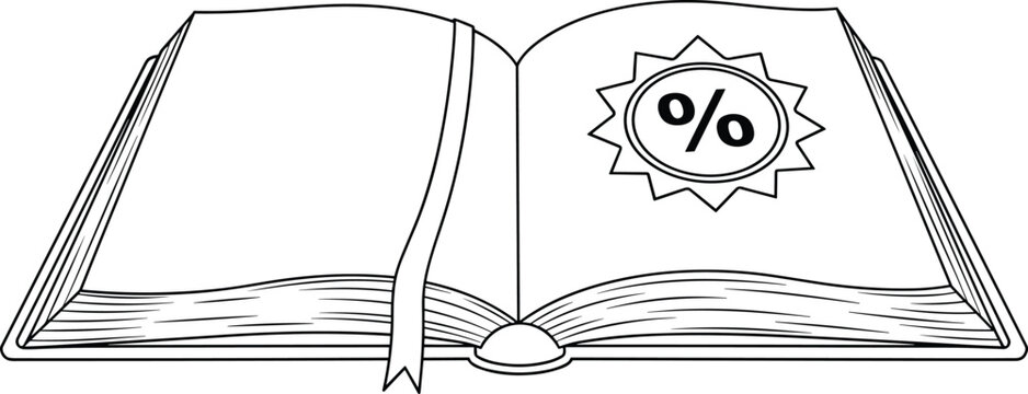 "Black and white open book illustration with ribbon bookmark and percentage badge symbol, representing education, learning, mathematics, discount, and academic creative concepts"