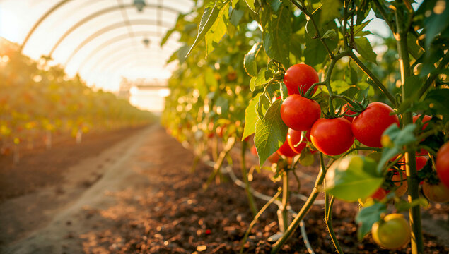 Ripe red tomatoes growing in a greenhouse at sunset