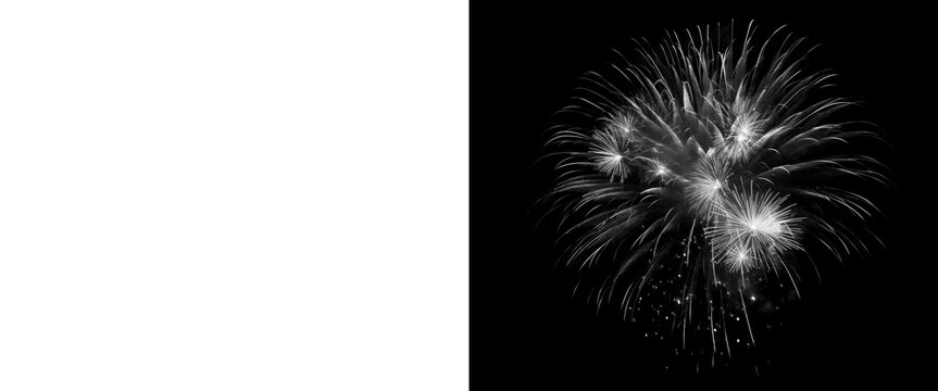 Monochrome fireworks display on black background, white firework burst in night sky, elegant celebratory pyrotechnics for holiday design