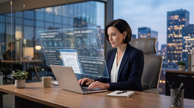 Executive manager reviewing digital records on a laptop with futuristic transparent interface panels showing protected files, audit workflows, and organizational risk controls
