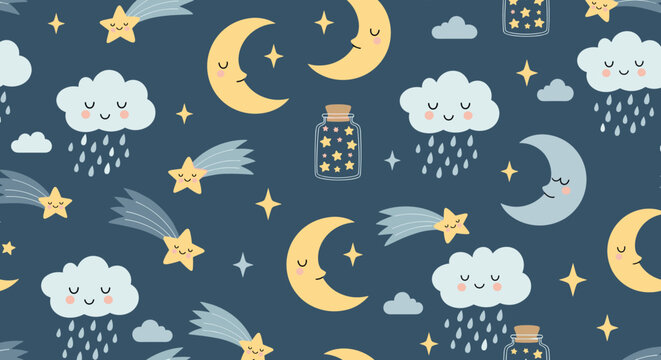 Dreamy seamless pattern featuring sleeping moons, smiling rain clouds, shooting stars, and jars of light on a dark night sky.