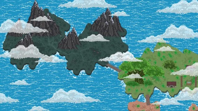 Pixel art animation of a medieval fast travel map with items shining on it over the sea with mountains, trees, clouds, art, vintage, pixel.