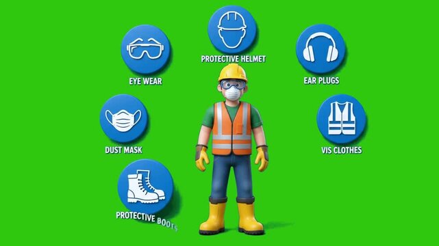 3D character constructor worker with full personal protective equipment PPE icons animation on green screen background
