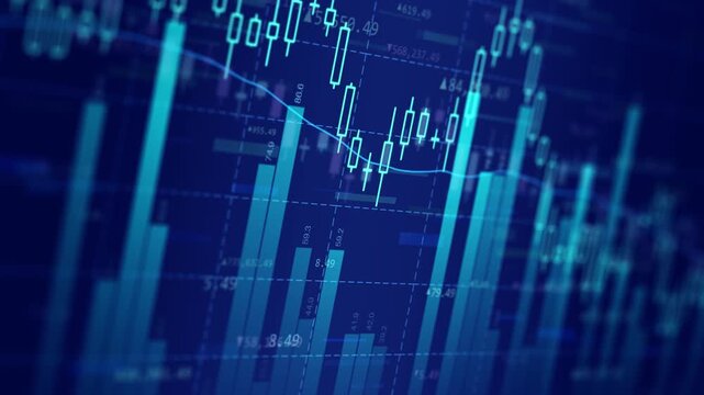 Abstract blue seamless loop visualizes trading activity, financial data, price fluctuations, investment analysis, and economic news. Looped financial market candlestick chart with changing trends. 