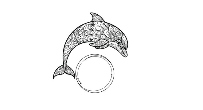 Beautiful black and white line art illustration of an ornate dolphin with patterned details jumping through a ring.