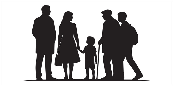 Silhouettes of walking men using phones on the go. Side view. Wear warm clothes. Black vector illustration isolated on white background.