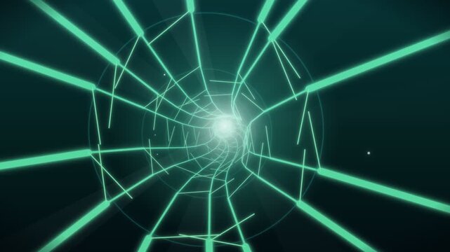 Moving through a digital tunnel with glowing lines and light