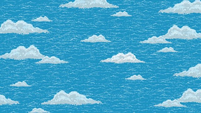 Pixel art animation of clouds moving over the sea, art, vintage, pixel.