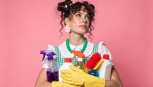 studio shot of young woman with dark curly hair, wearing a green checkered apron and yellow rubber gloves, holding armful of cleaning supplies including spray bottles, brush and detergent.