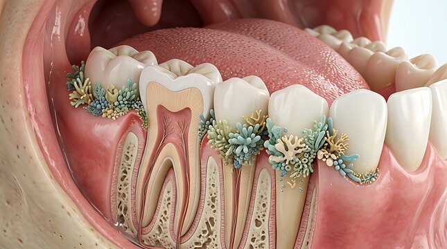 Teeth anatomy model illustrates the progression of dental plaque and tartar buildup along the gum line for educational dental health purposes.