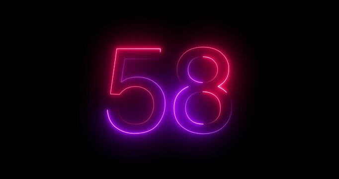 Glowing neon 58 text number animation on black background. Bright neon 58 number symbol. glowing neon number animation concept