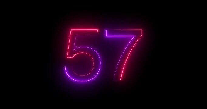 Glowing neon 57 text number animation on black background. Bright neon 57 number symbol. glowing neon number animation concept