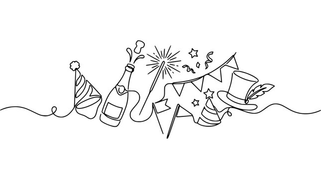 Celebration Line Art: Champagne, Party Hats, Bunting, Sparkler & Confetti