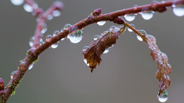 Close up of water drops clinging to a bare branch with a single brown leaf in winter.
