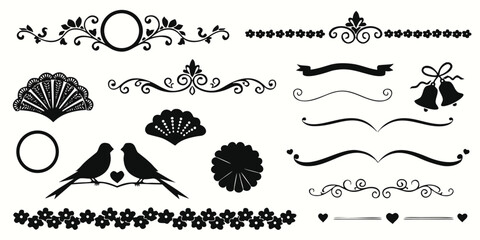 Assorted black decorative dividers and floral ornaments set including birds shells flowers and flourishes for artistic page layout and vintage wedding designs © Sadhin07