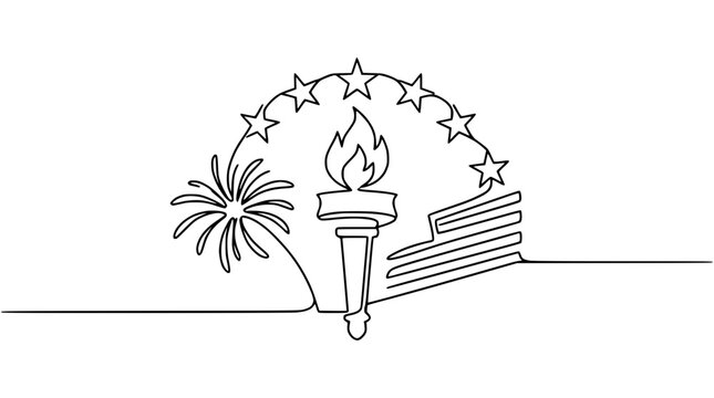 Liberty Torch, Stars, and Fireworks - Continuous Line Art Illustration