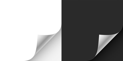Obraz premium Paper curl corner background. Curled paper corner with realistic page fold effect. White sheet edge peeling back, revealing shadow and depth. Minimal vector illustration.