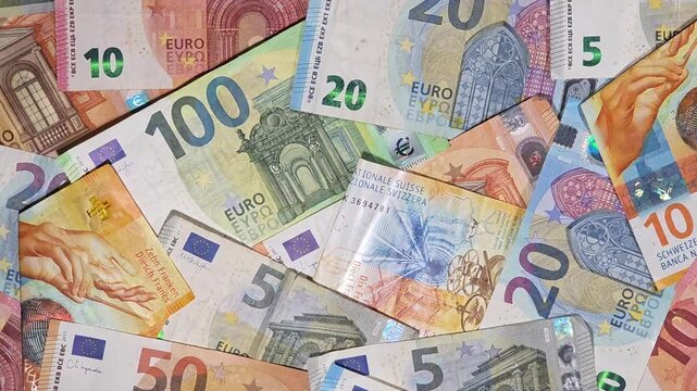 European financial market background, collage with euro and Swiss franc cash