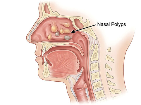 Medical illustration of human nasal cavity with polyps and cross section anatomy