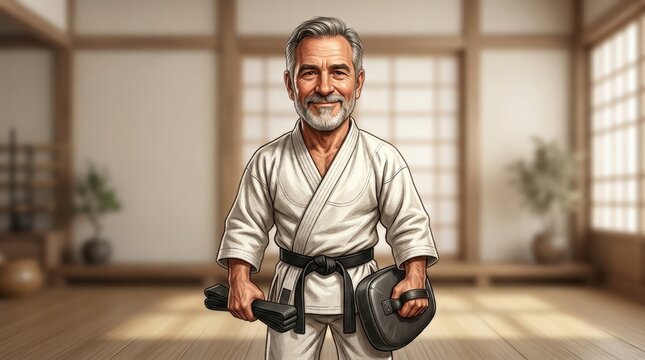 Martial arts instructor caricature holding black belt and training pad in dojo