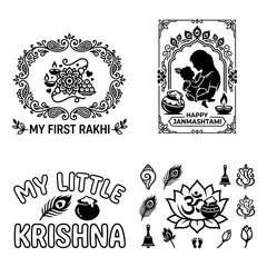 Naklejka premium Little Krishna Rakhi festival doodle vector set