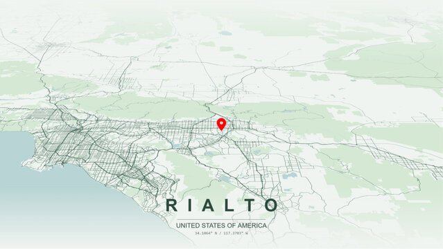 Modern minimalist vector map of Rialto, California, USA. High-quality scalable illustration of Rialto city grid, Interstate 10, State Route 210 for posters design.