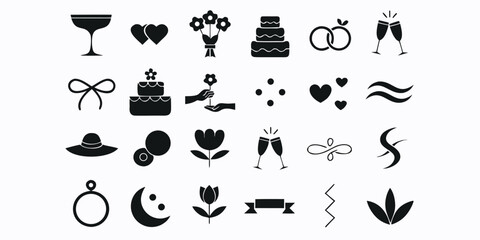 Wedding and celebration themed black silhouette icon set, including champagne glasses, hearts, flowers, cakes, rings, and other decorative elements, perfect for invitations, greeting cards © Sadhin07