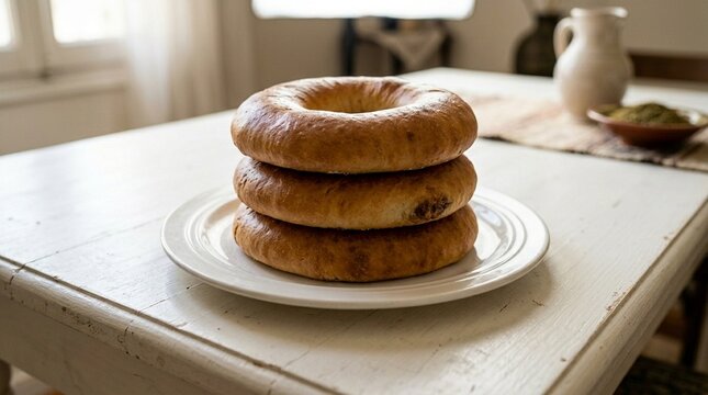Aish Abu Layla Egyptian Festive Celebration Bread on White Plate &ndash; Traditional Bakery Overhead, Holiday Food Stock Photo
