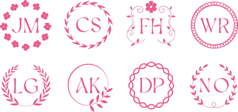 Wedding monogram frames and botanical wreaths collection with initials for stylish personalized invitations stationery branding and elegant event paper goods