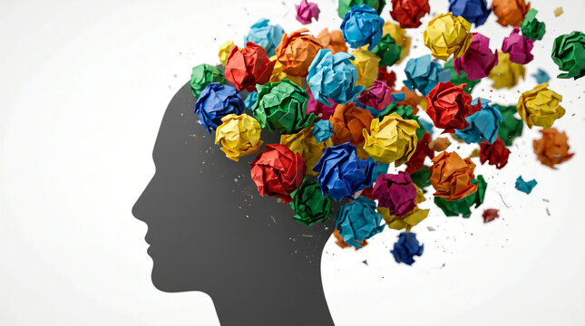 Silhouette of a human head with colorful crumpled paper balls exploding outwards, symbolizing creativity and ideas