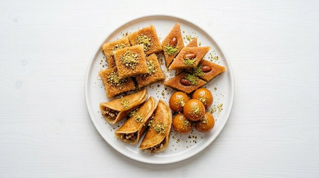 Egyptian Sweets Assortment Basbousa Konafa Qatayef on White Plate &ndash; Celebration Dessert Spread Overhead, Food Stock Photo