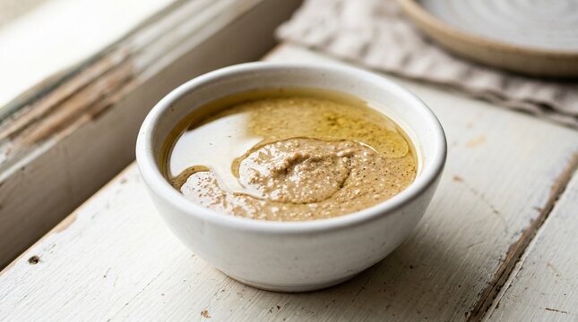 Egyptian Tahini Sesame Paste Raw in White Bowl &ndash; Natural Oil Separation Macro, Middle Eastern Condiment Stock Photo