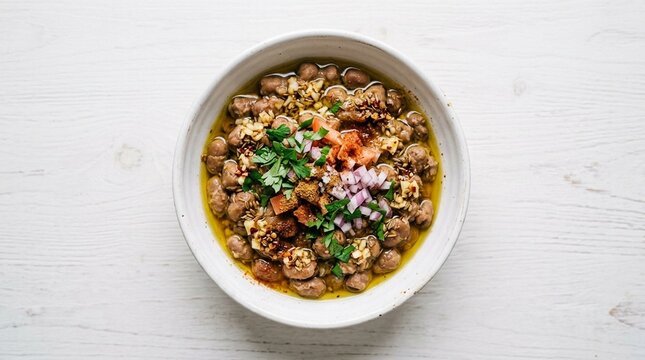 Egyptian Ful Medames with Garlic and Cumin Oil Drizzle in White Bowl &ndash; Macro Overhead, Authentic Street Food Stock Photo