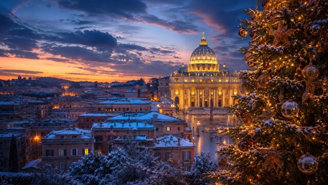 Weihnachtliches Rom mit beleuchtetem Petersdom, verschneiten D&auml;chern und gro&szlig;em geschm&uuml;cktem Weihnachtsbaum bei stimmungsvollem Sonnenuntergang.