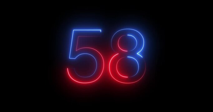 Glowing neon 58 text number animation on black background. Bright neon 58 number symbol. glowing neon number animation concept