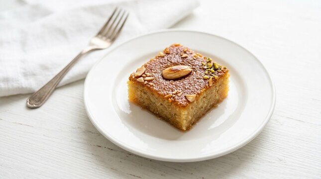 Egyptian Hareesa Semolina Cake with Almond Slice on White Plate &ndash; Traditional Levantine Dessert Overhead, Food Stock Photo