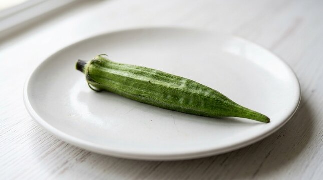 Single Okra Pod Macro on White Plate &ndash; Fresh Green Bamia Vegetable Close-Up, Egyptian Cooking Ingredient Stock Photo