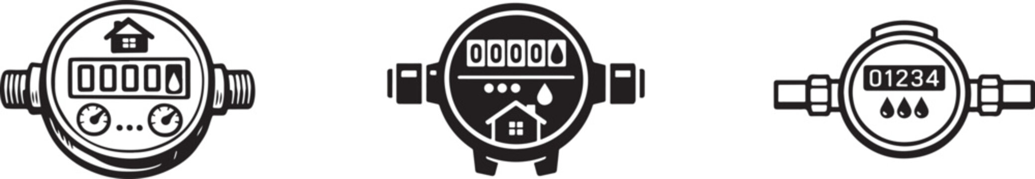 Residential water meter utility icon set with outline, solid and hand drawn flow symbols.