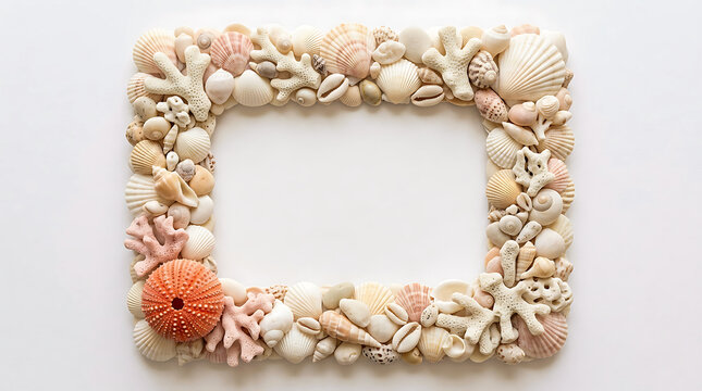 Seashell frame with copy space made from various shells on a white background