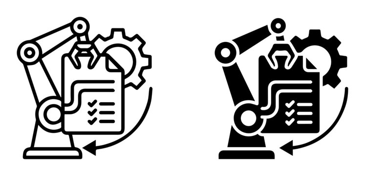 2 Industrial Automation icons robotic arm, document, gear, outline solid styles, UI and web interface design