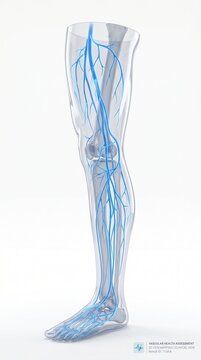 High-tech vertical 3D render of a transparent human leg showing the detailed blue venous system. Perfect for medical and healthcare education.