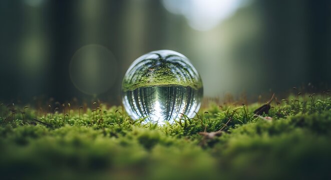 A clear glass sphere reflecting an inverted forest scene, resting on vibrant green moss in a blurred natural background.
