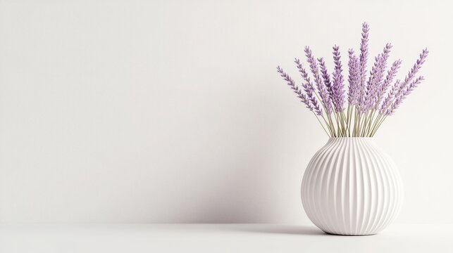 Lavender flowers in a white ceramic vase standing on a table. Minimalist interior decor with soft lighting and clean background.